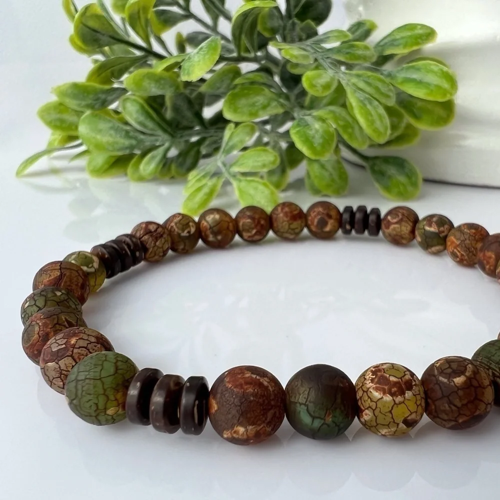 Earth Tones Tibetan Matte Agate Stretch Beaded Bracelet